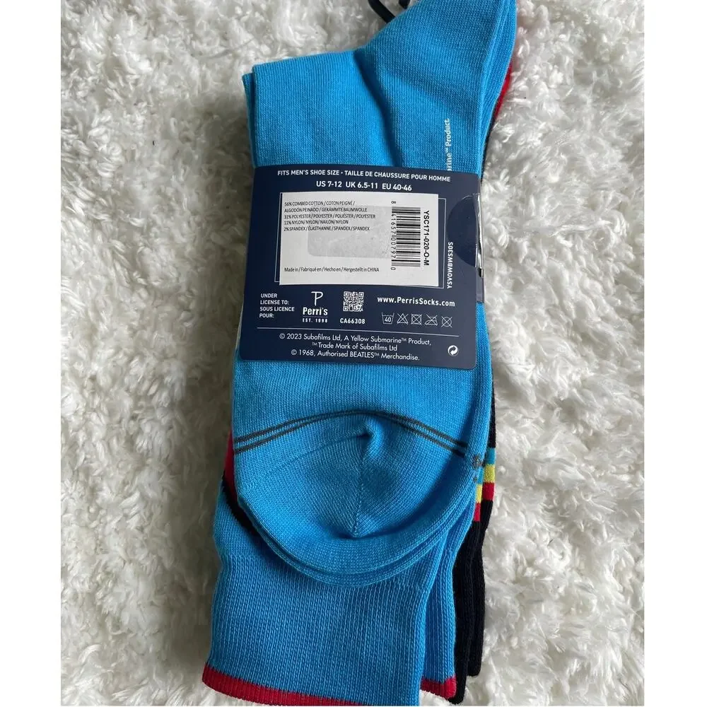 The Beatles Yellow Submarine Crew Socks 3 Pack Size 7–12 NEW Black Blue Mens